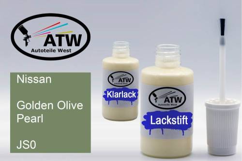 Nissan, Golden Olive Pearl, JS0: 20ml Lackstift + 20ml Klarlack - Set, von ATW Autoteile West.